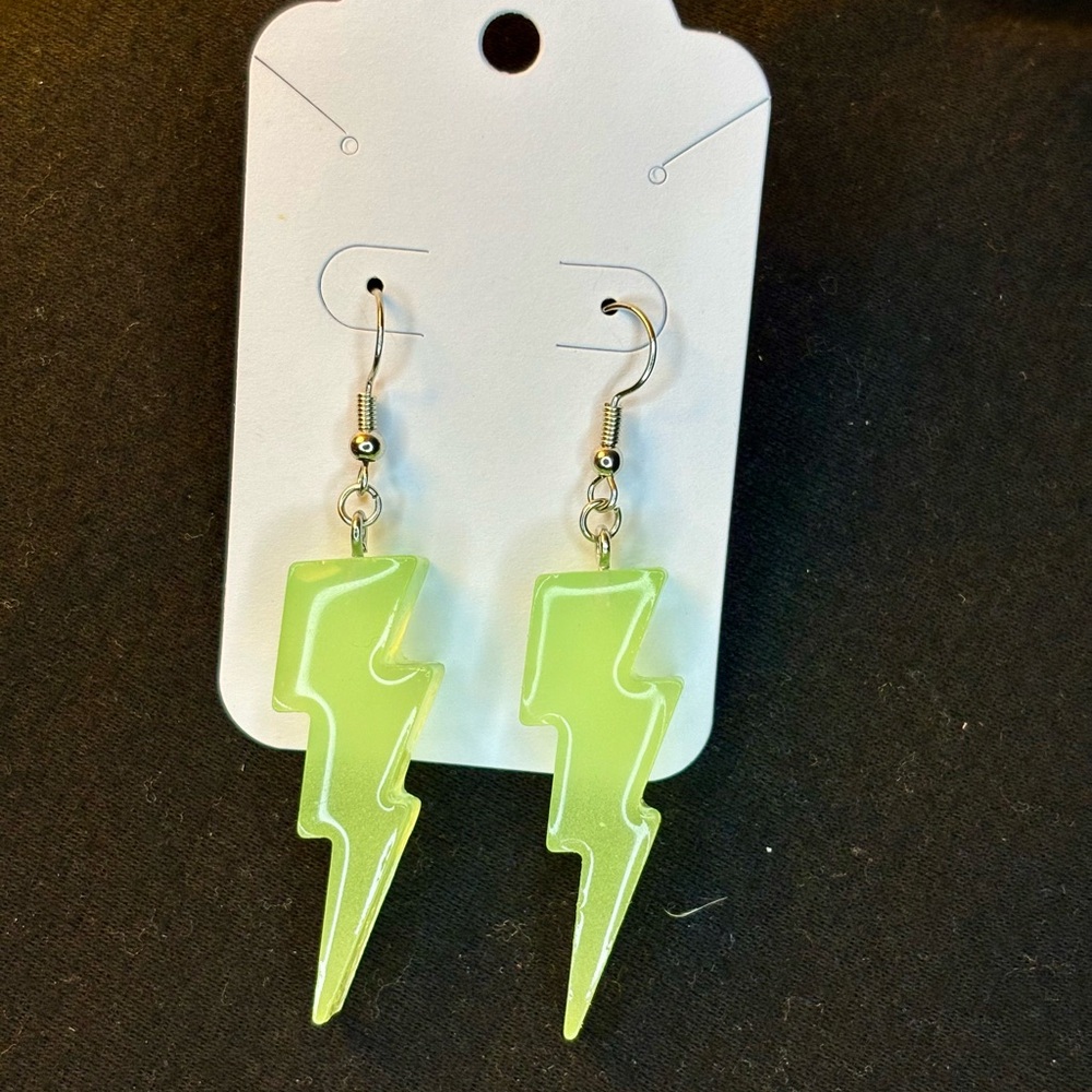 Lightning Bolt Earrings- Green GID